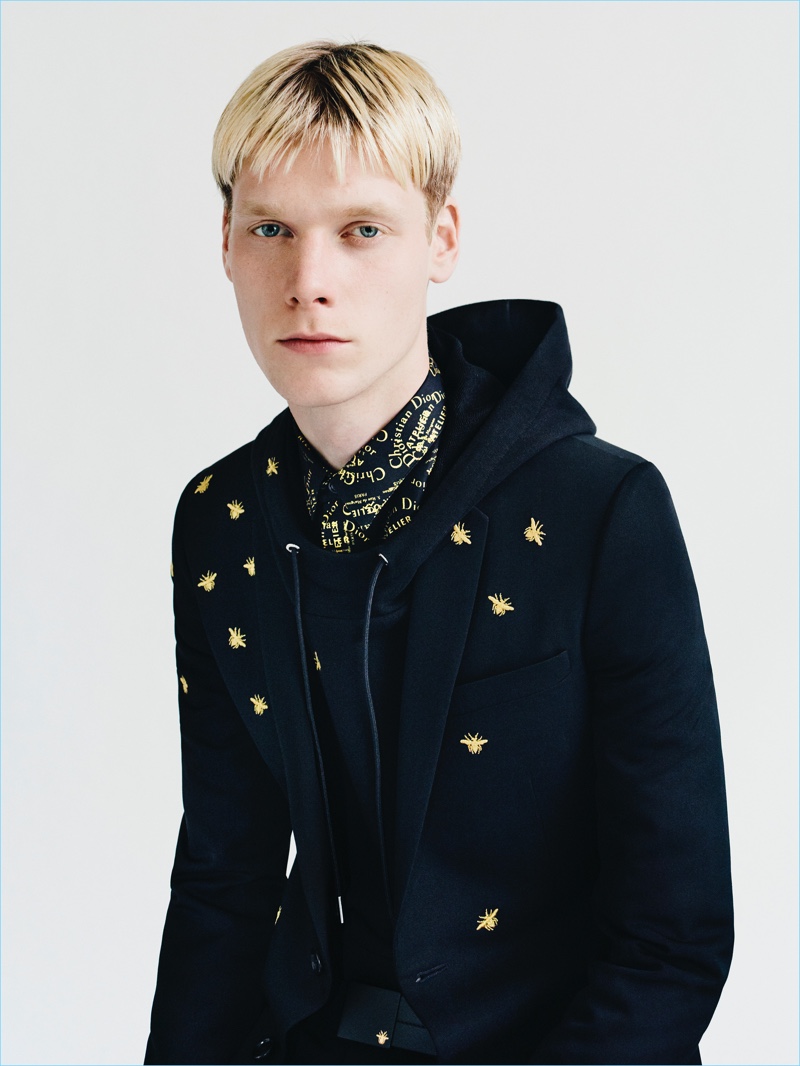 Vic Bellemans wears a look from Dior Homme's Gold capsule collection.