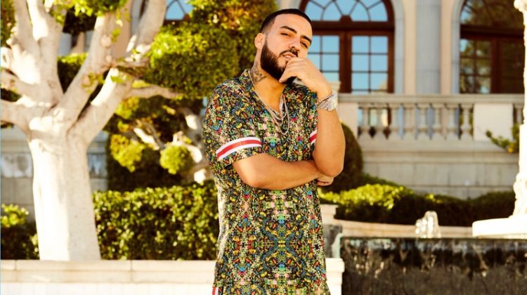 French Montana wears a tropical print shirt and shorts from his boohooMAN collaboration.