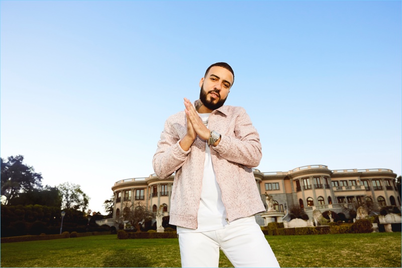 Rapper French Montana rocks a faux suede printed Harrington jacket from his boohooMAN collection.