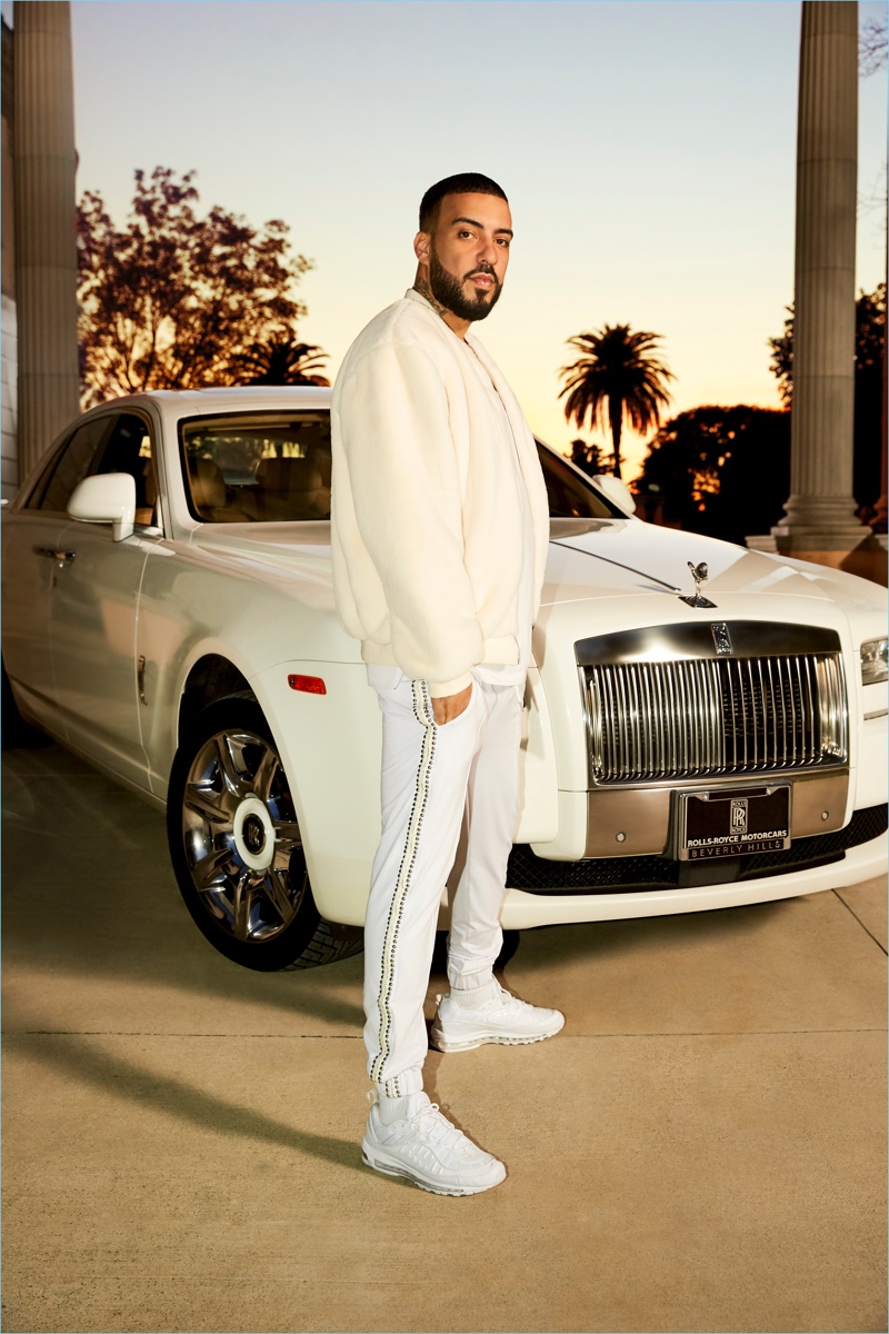 Front and center, French Montana sports a faux fur bomber from his boohooMAN collaboration.