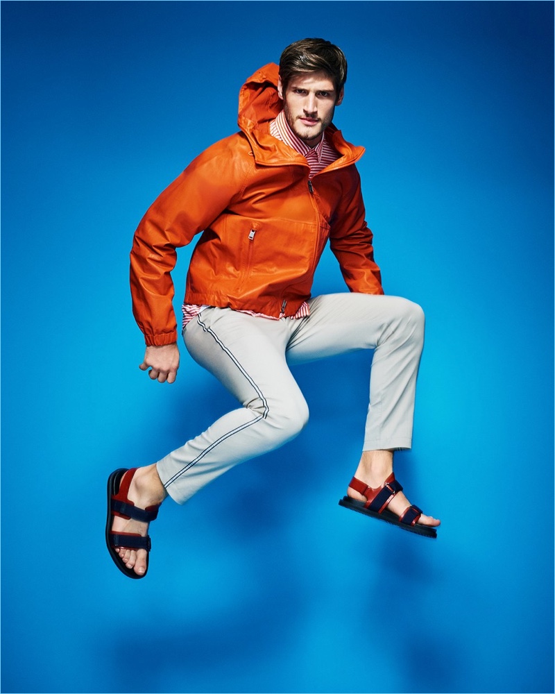 Sporting monochromatic style, Ryan Tift wears a BOSS nappa leather windbreaker jacket with a striped shirt and leather sandals. » BOSS & GQ Partner for 5 Fresh Looks to Wear Now Sporting monochromatic style, Ryan Tift wears a BOSS nappa leather windbreaker jacket with a striped shirt and leather sandals.