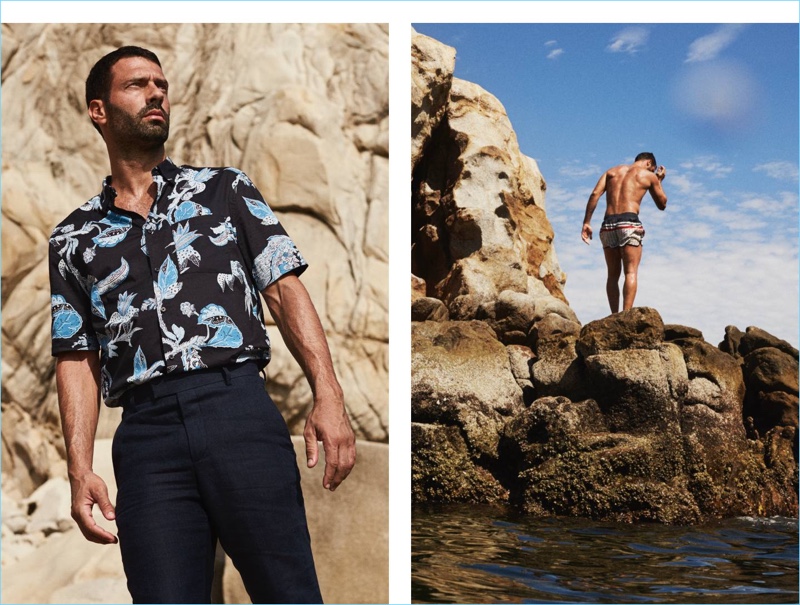 Left: Hugo Parisi wears a tropical print shirt with linen trousers from H&M. Right: Parisi sports short swim shorts by H&M.