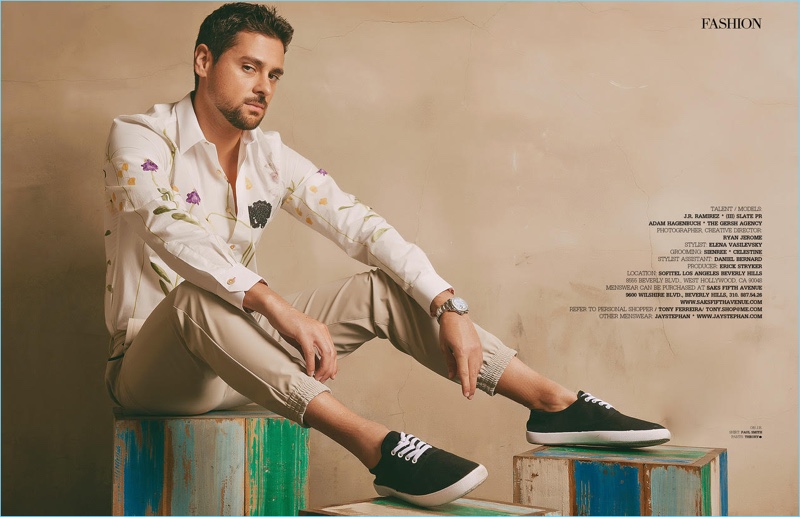 Actor J.R. Ramirez sports a Paul Smith shirt with pants by Theory.