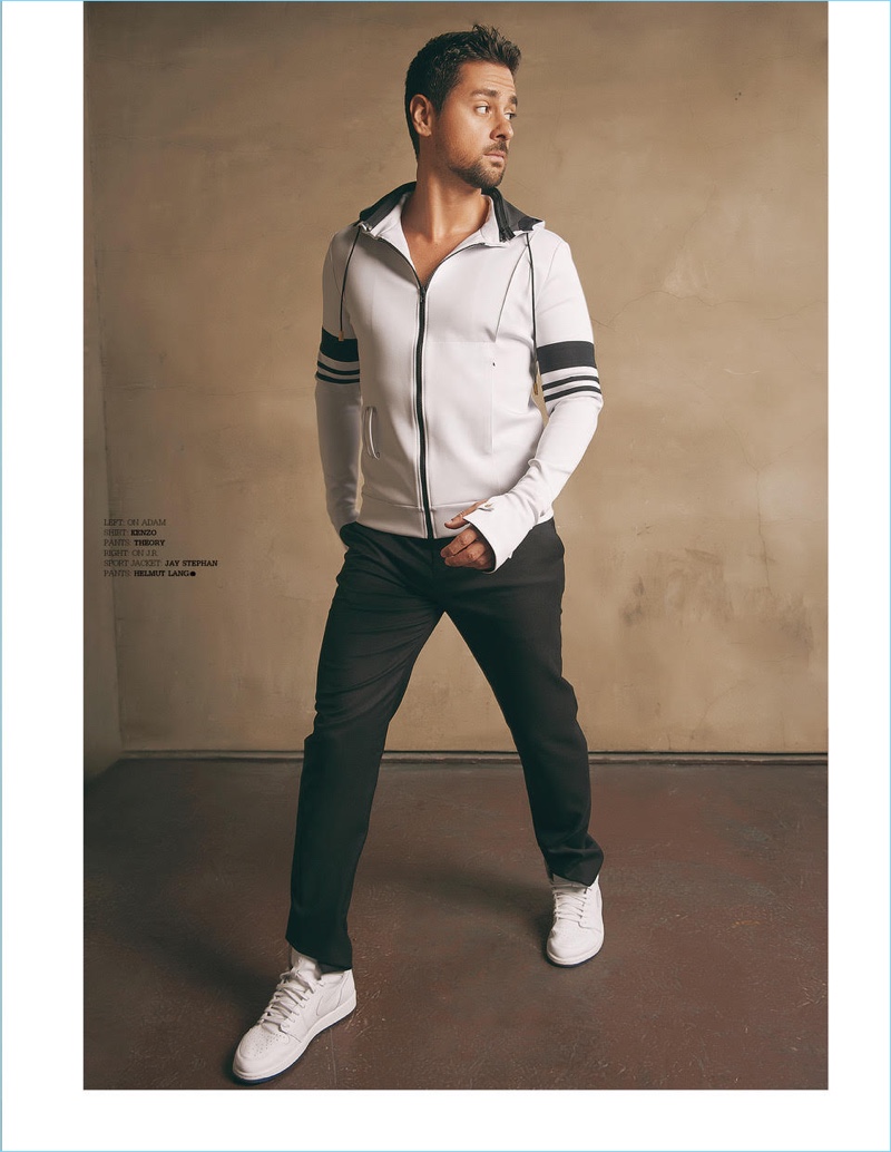 Connecting with InLove magazine, JR Ramirez wears a track jacket by Jay Stephan with Helmut Lang pants.