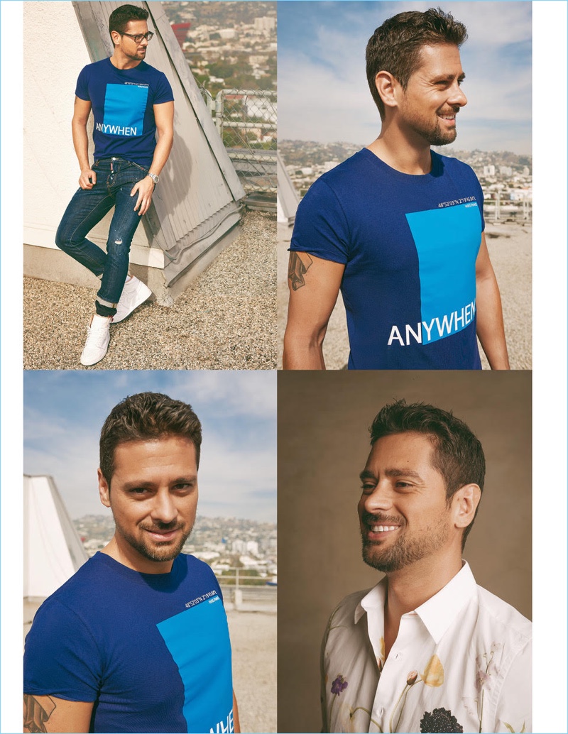Starring in a photo shoot, J.R. Ramirez sports a Givenchy t-shirt with Dsquared2 jeans.