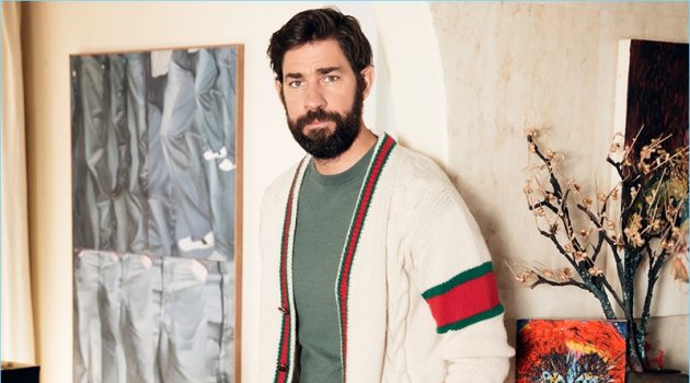 John Krasinski Stars in Sharp Cover Shoot, Talks 'A Quiet Place' Actor John Krasinski wears a Gucci cardigan with a Louis Vuitton sweater and pants. He also sports Kenneth Cole sneakers and a Montblanc watch.