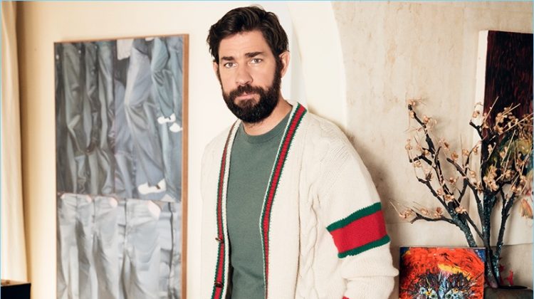Actor John Krasinski wears a Gucci cardigan with a Louis Vuitton sweater and pants. He also sports Kenneth Cole sneakers and a Montblanc watch.