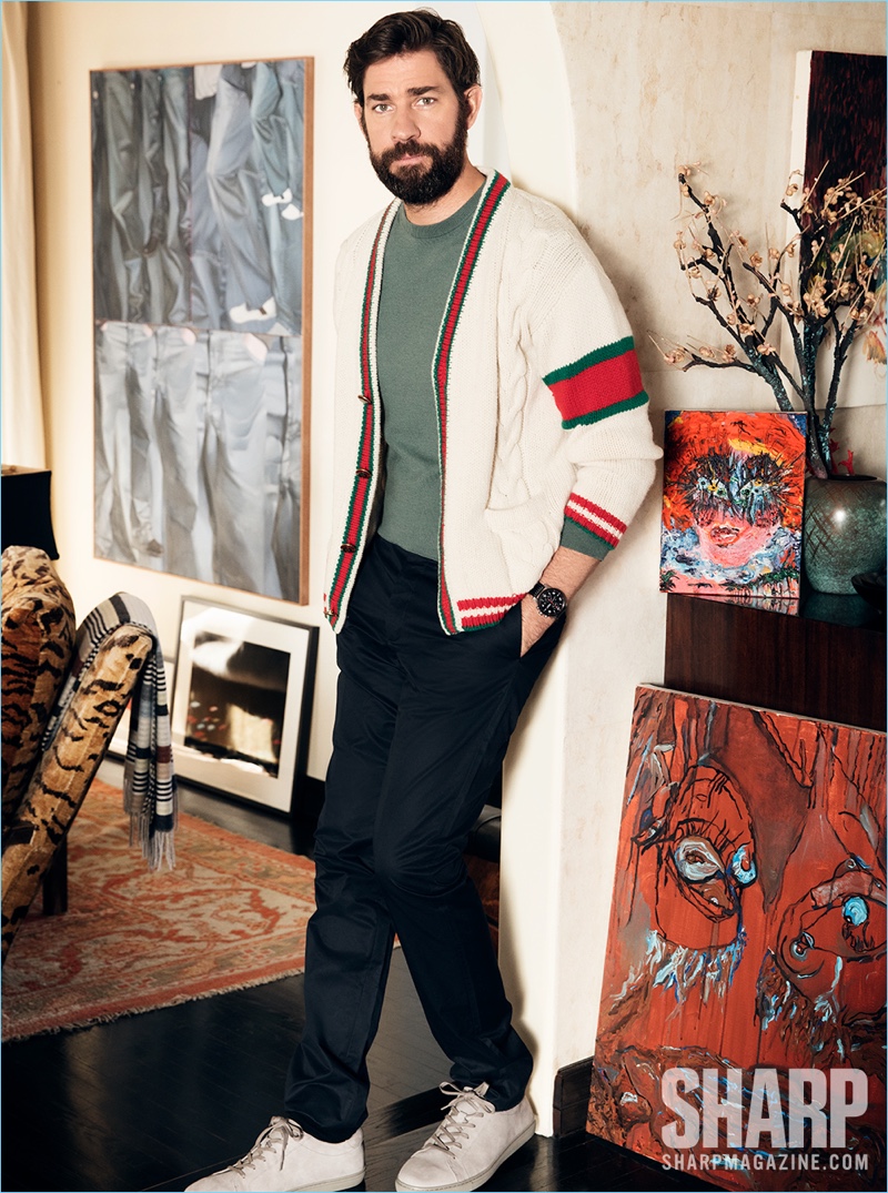 Actor John Krasinski wears a Gucci cardigan with a Louis Vuitton sweater and pants. He also sports Kenneth Cole sneakers and a Montblanc watch. » John Krasinski Stars in Sharp Cover Shoot, Talks 'A Quiet Place' Actor John Krasinski wears a Gucci cardigan with a Louis Vuitton sweater and pants. He also sports Kenneth Cole sneakers and a Montblanc watch.
