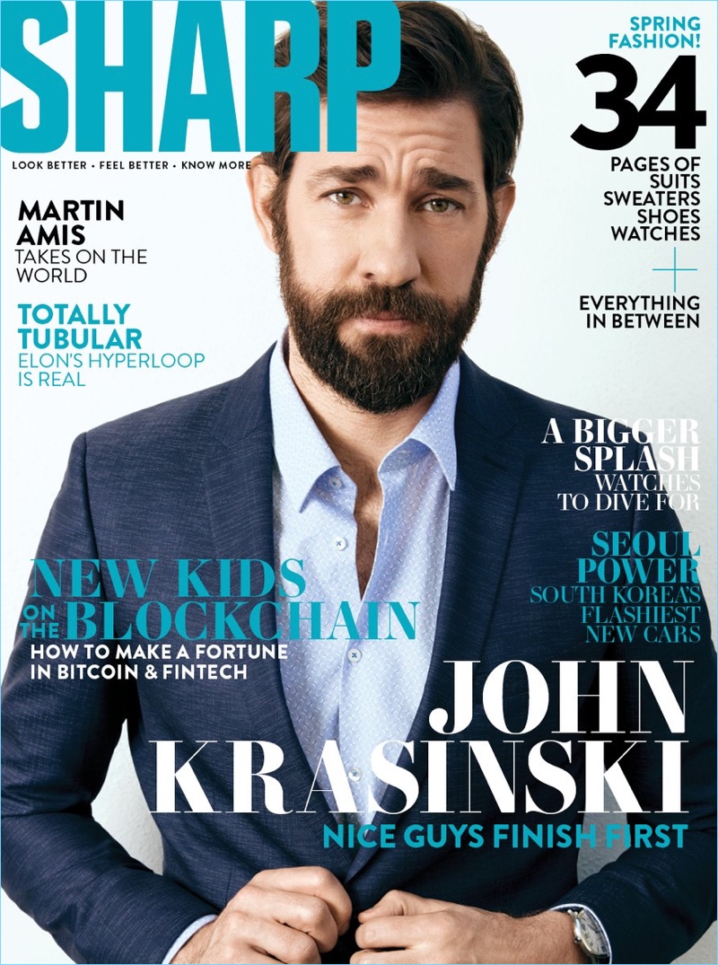 John Krasinski covers the April 2018 issue of Sharp magazine.