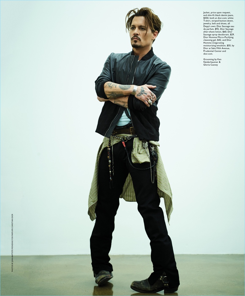 Starring in a photo shoot, Johnny Depp wears a mix of his own pieces and the latest from Dior Homme.