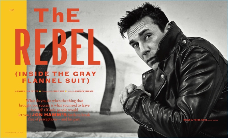 Actor Jon Hamm rocks a leather jacket by Tom Ford. » Jon Hamm Covers Esquire Big Black Book, Talks Breaking the Mold Actor Jon Hamm rocks a leather jacket by Tom Ford.
