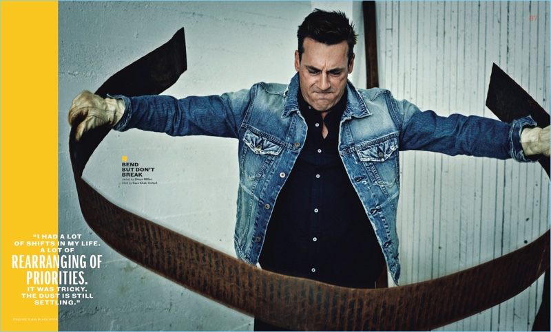 Starring in a photo shoot, Jon Hamm wears a Simon Miller denim jacket with a Save Khaki United shirt.