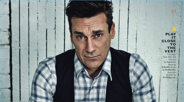 Jon Hamm Covers Esquire Big Black Book, Talks Breaking the Mold A smart vision, Jon Hamm wears a vest, shirt and trousers by Tom Ford. He also dons O'Keeffe shoes.