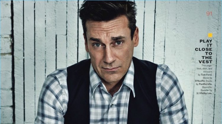 A smart vision, Jon Hamm wears a vest, shirt and trousers by Tom Ford. He also dons O'Keeffe shoes.