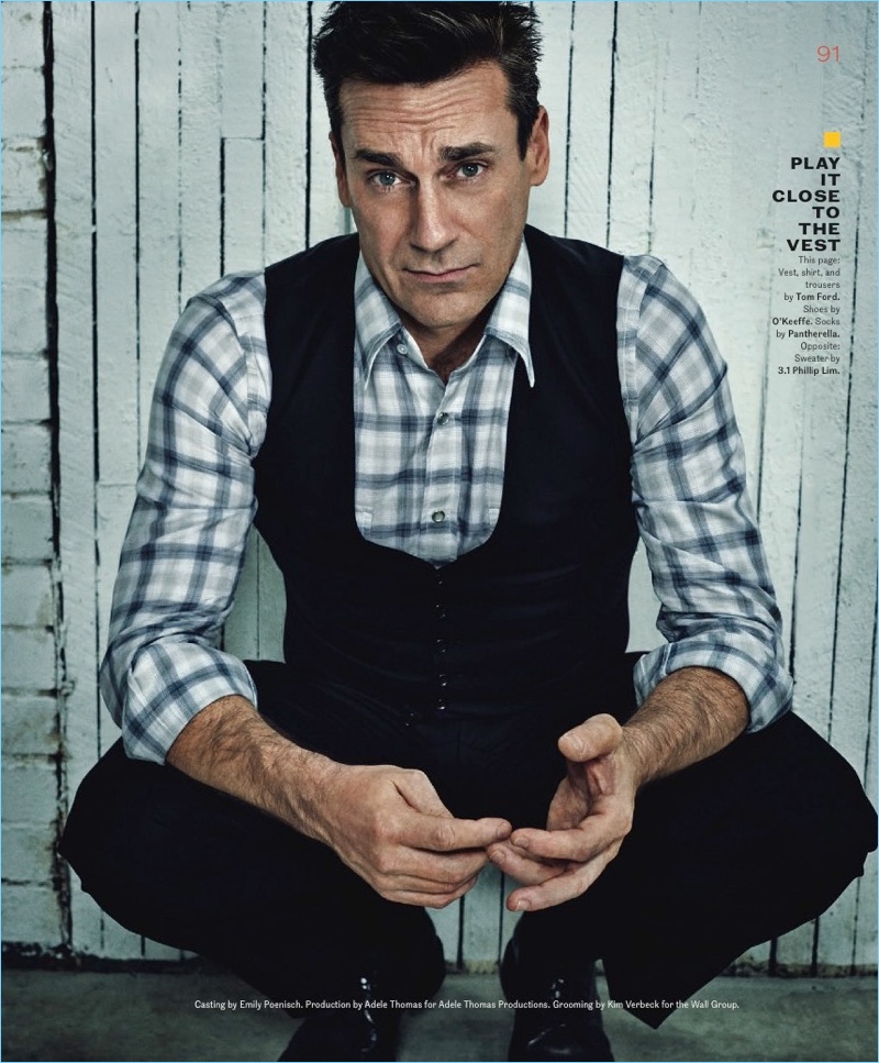 A smart vision, Jon Hamm wears a vest, shirt and trousers by Tom Ford. He also dons O'Keeffe shoes. » Jon Hamm Covers Esquire Big Black Book, Talks Breaking the Mold A smart vision, Jon Hamm wears a vest, shirt and trousers by Tom Ford. He also dons O'Keeffe shoes.