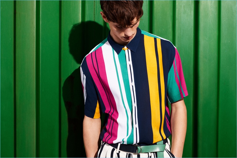 Connecting with Zara Man, Luc Defont-Saviard wears one of the brand's colorful looks.