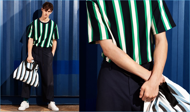 Model Luc Defont-Saviard embraces Zara Man's colorful stripe trend.