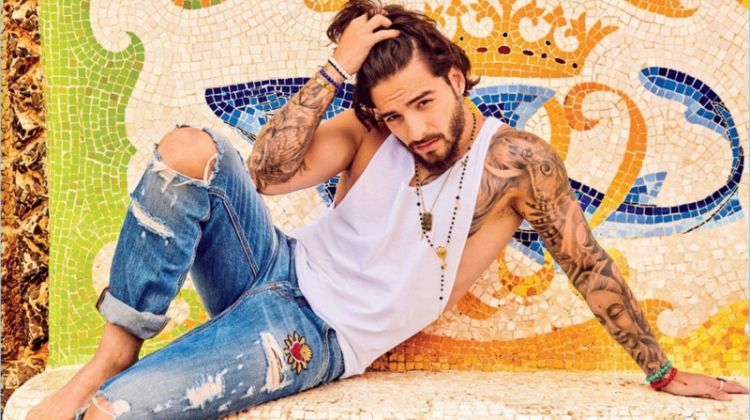 Rocking distressed denim, Maluma wears Dolce & Gabbana.