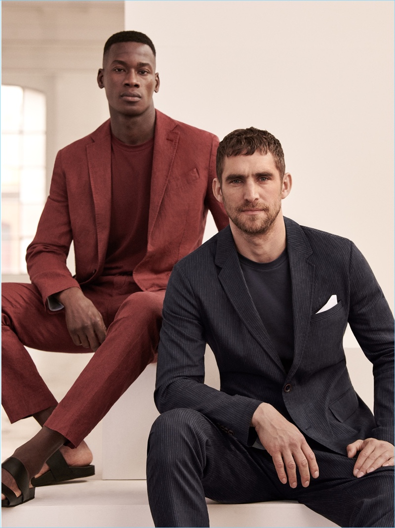 Models David Agbodji and Will Chalker come together to showcase Mango Man's spring-summer 2018 tailoring.