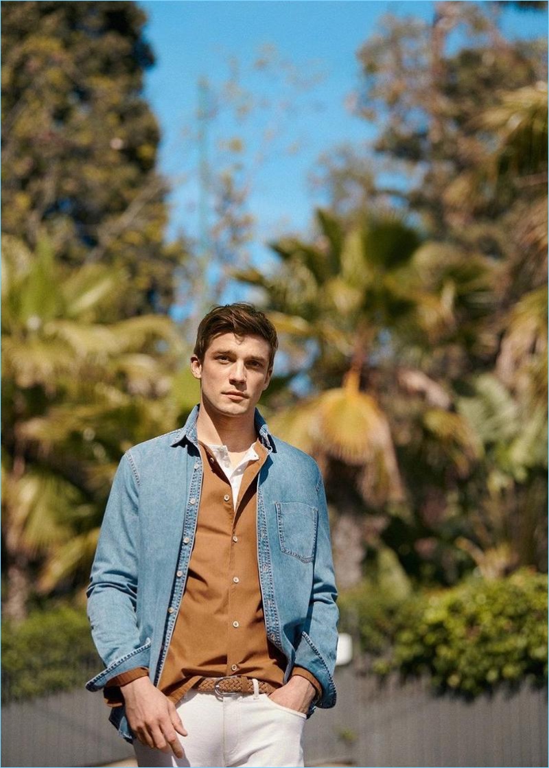 Model Alexis Petit sports summer styles from Mango Man.