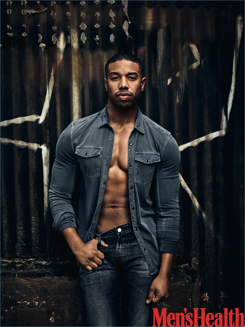 Doubling down on denim, Michael B. Jordan wears a John Varvatos Star USA shirt and AG jeans. » Michael B. Jordan Covers Men's Health, Talks Name & 'Fahrenheit 451' Doubling down on denim, Michael B. Jordan wears a John Varvatos Star USA shirt and AG jeans.