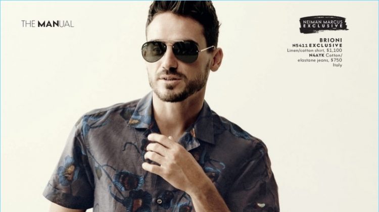 Model Arthur Kulkov wears a short-sleeve linen shirt with jeans by Brioni.