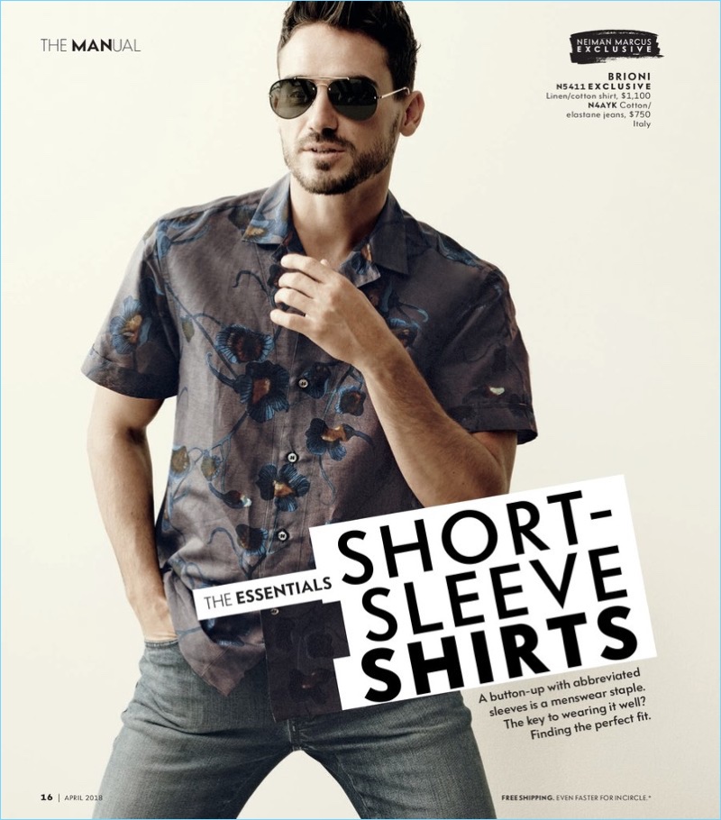 Model Arthur Kulkov wears a short-sleeve linen shirt with jeans by Brioni.