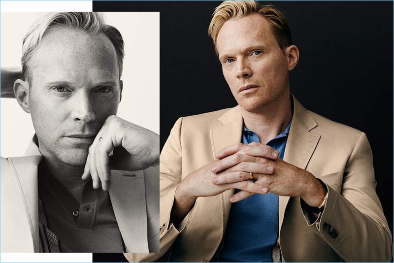 Starring in a stylish photo shoot, Paul Bettany wears a Canali suit jacket with a Prada polo.