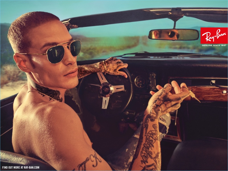 Austin Kellogg wears Ray-Ban's Marshal sunglasses for the brand's latest campaign.