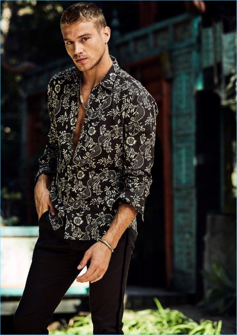 American model Matthew Noszka embraces prints in a shirt by Replay Jeans.