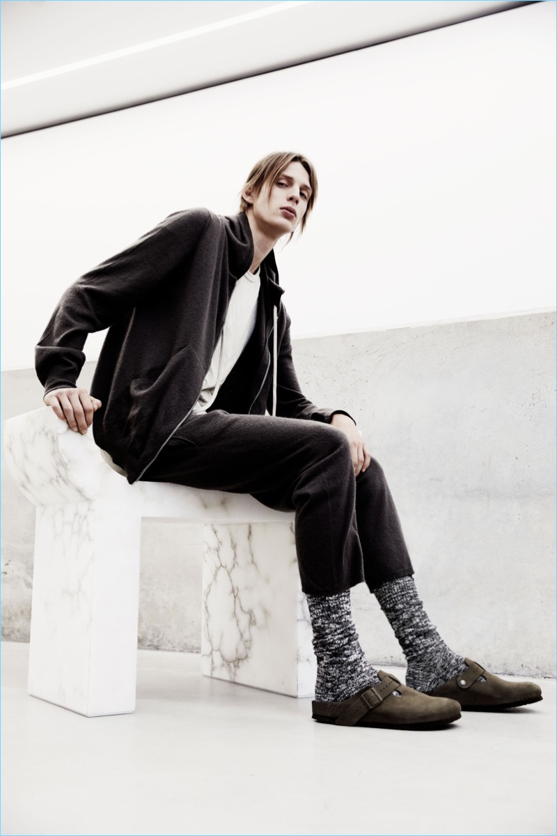 Rick Owens revisits Birkenstock's Boston style in suede. Here, it's paired with special socks from the collaboration.