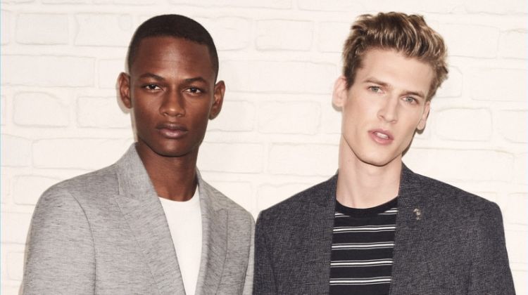 Models Lucas Cristino and Joel Meacock wear spring tailoring from River Island.