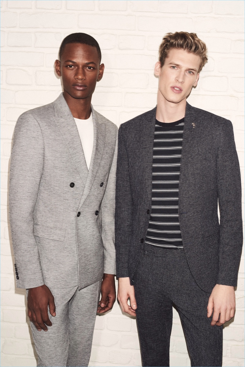 Models Lucas Cristino and Joel Meacock wear spring tailoring from River Island.