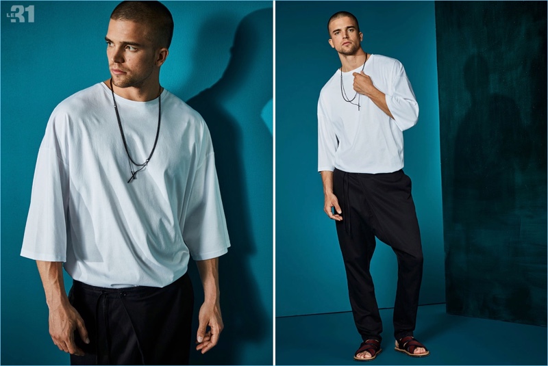 Reuniting with Simons, River Viiperi wears a kimono-sleeve t-shirt and asymmetric pants by LE 31. A Vitaly necklace and Marni sandals complete River's look.