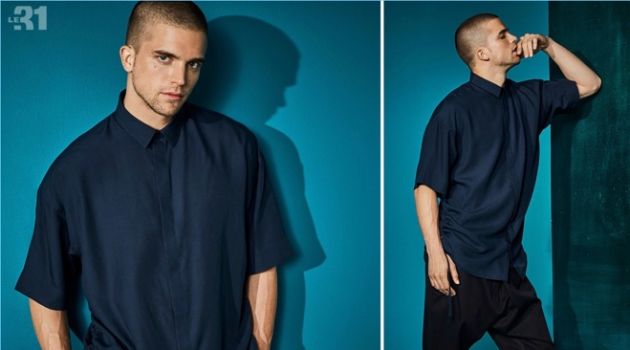 City Zen: River Viiperi Dons Eastern-Inspired Styles for Simons Dressed in LE 31, River Viiperi wears a ruched-side shirt with asymmetric pants. He also rocks Marni sandals.