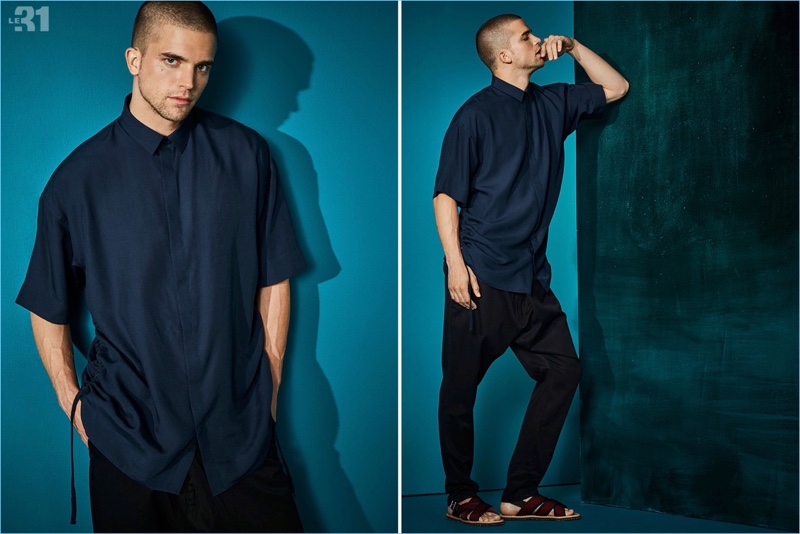Dressed in LE 31, River Viiperi wears a ruched-side shirt with asymmetric pants. He also rocks Marni sandals.