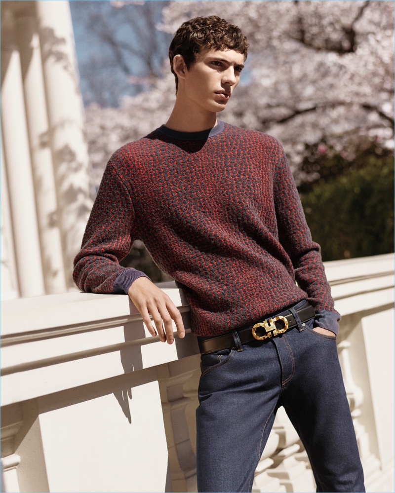 Model Piero Méndez sports Salvatore Ferragamo's Switch belt.