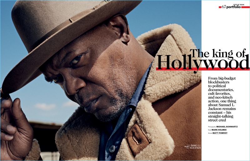 Actor Samuel L. Jackson dons a Stampd coat. He also wears a Prada shirt and hat by Worth & Worth.