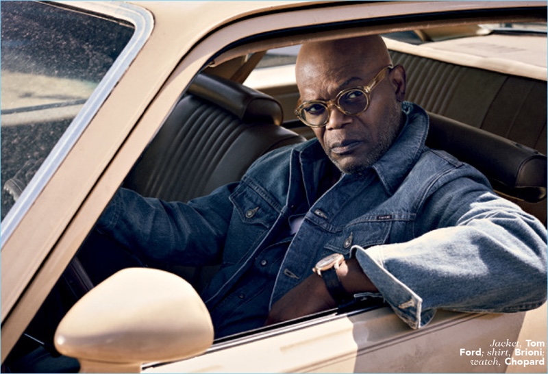 Getting behind the wheel, Samuel L. Jackson wears a Tom Ford denim jacket with a Brioni shirt and Chopard watch.