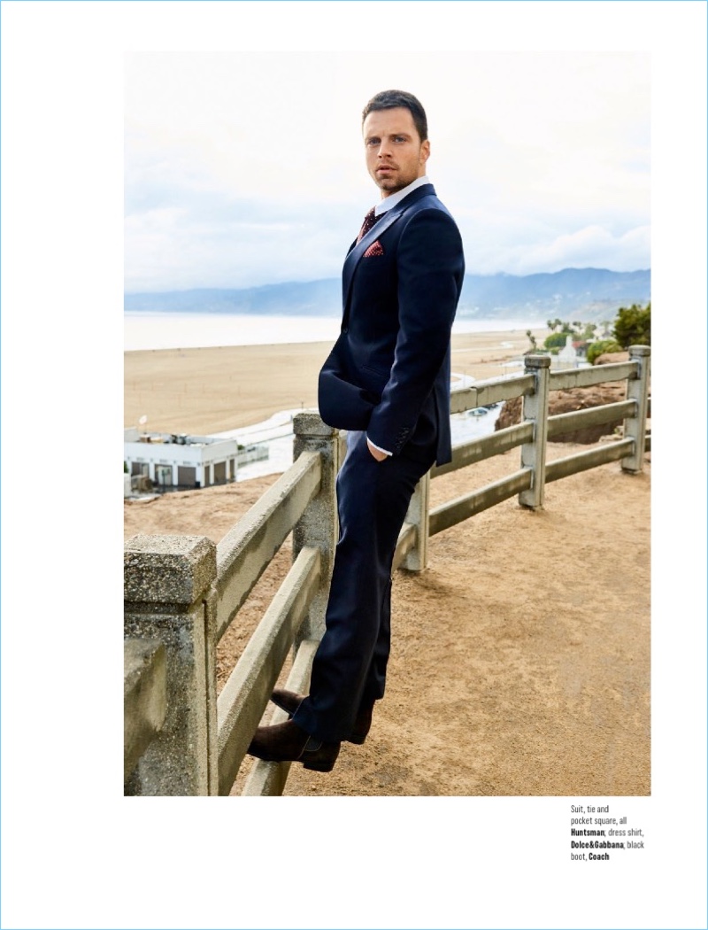 Actor Sebastian Stan wears a suit, tie and pocket square by Huntsman. He also wears a Dolce & Gabbana shirt and Coach boots. » Sebastian Stan Covers August Man, Talks Marvel Family Actor Sebastian Stan wears a suit, tie and pocket square by Huntsman. He also wears a Dolce & Gabbana shirt and Coach boots.