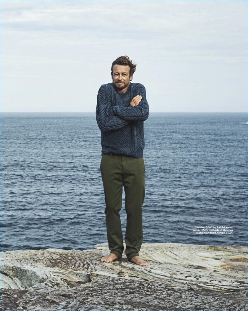 Actor Simon Baker wears a Ralph Lauren sweater and Prada pants.