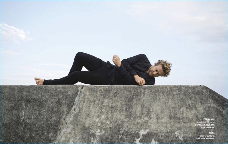 Connecting with GQ Australia, Simon Baker wears a look by Commas. 