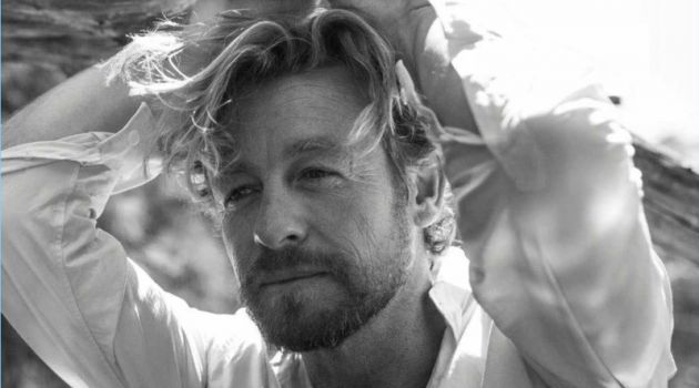 Simon Baker Poses for Harper's Bazaar Australia, Talks 'Breath' Appearing in a black and white photo, Simon Baker wears a Salvatore Ferragamo shirt.