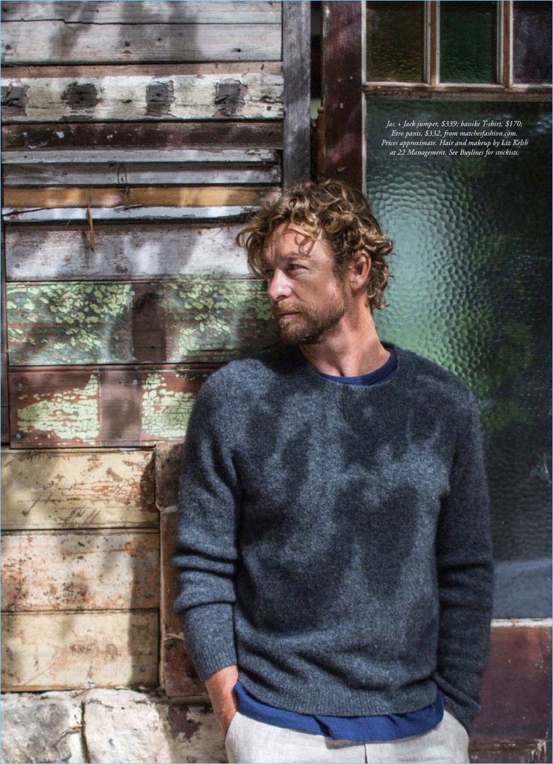 Keeping it casual, Simon Baker wears a Jac + Jack sweater, Bassike t-shirt, and Etro pants.