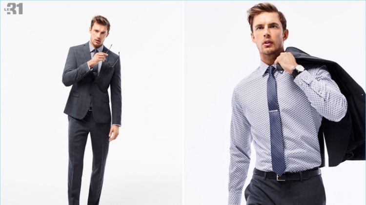 Model Christian Hogue dons a Bosco faded Prince of Wales suit with a LE 31 shirt and tie.