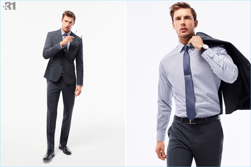 Model Christian Hogue dons a Bosco faded Prince of Wales suit with a LE 31 shirt and tie. » Christian Hogue Inspires in Sartorial Numbers for Simons Model Christian Hogue dons a Bosco faded Prince of Wales suit with a LE 31 shirt and tie.