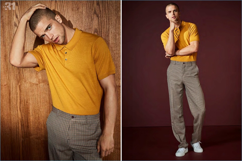 Model River Viiperi sports a LE 31 polo in yellow with gingham pants and Simons leather sneakers.