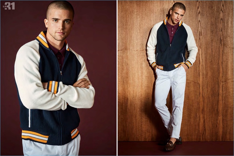 Going preppy, River Viiperi wears a LE 31 varsity cardigan, chinos, and a polo with Steve Madden loafers.
