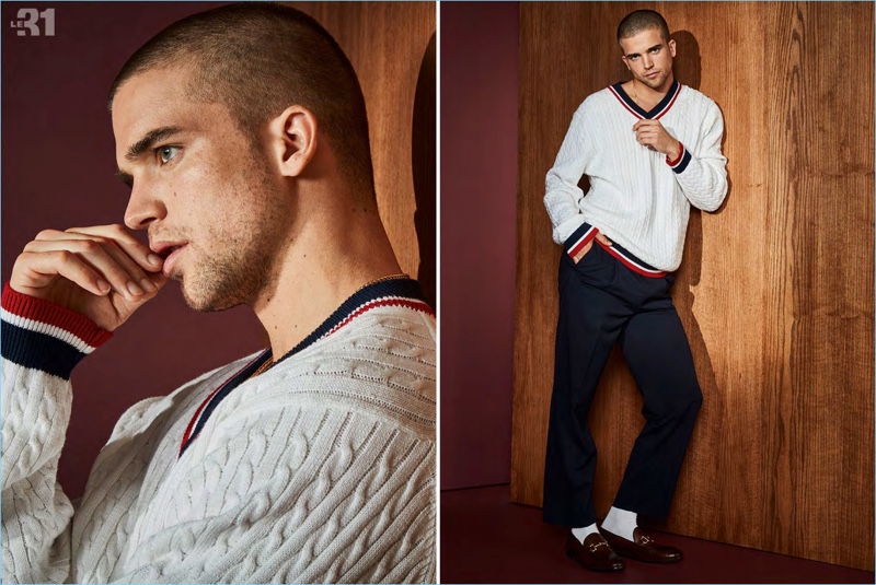 Connecting with Simons, River Viiperi dons a LE 31 tennis cable sweater and pleated pants with Steve Madden loafers.