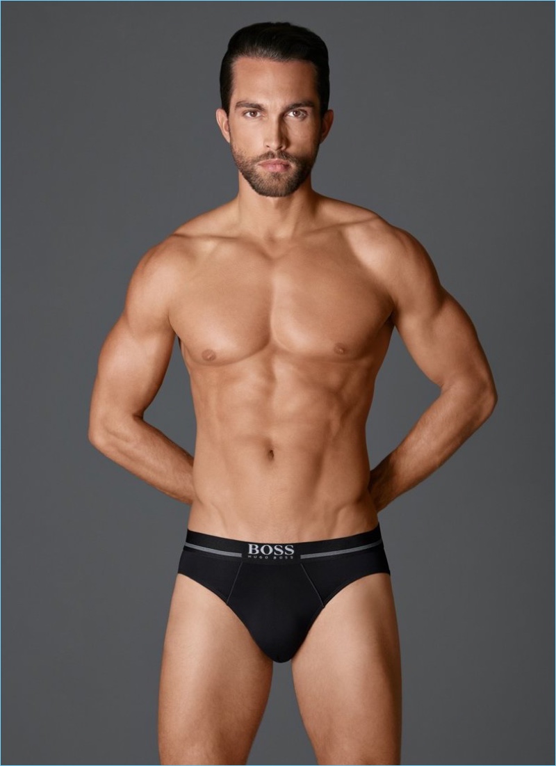 Reuniting with BOSS, Tobias Sorensen wears black underwear briefs from the brand's Energy line.